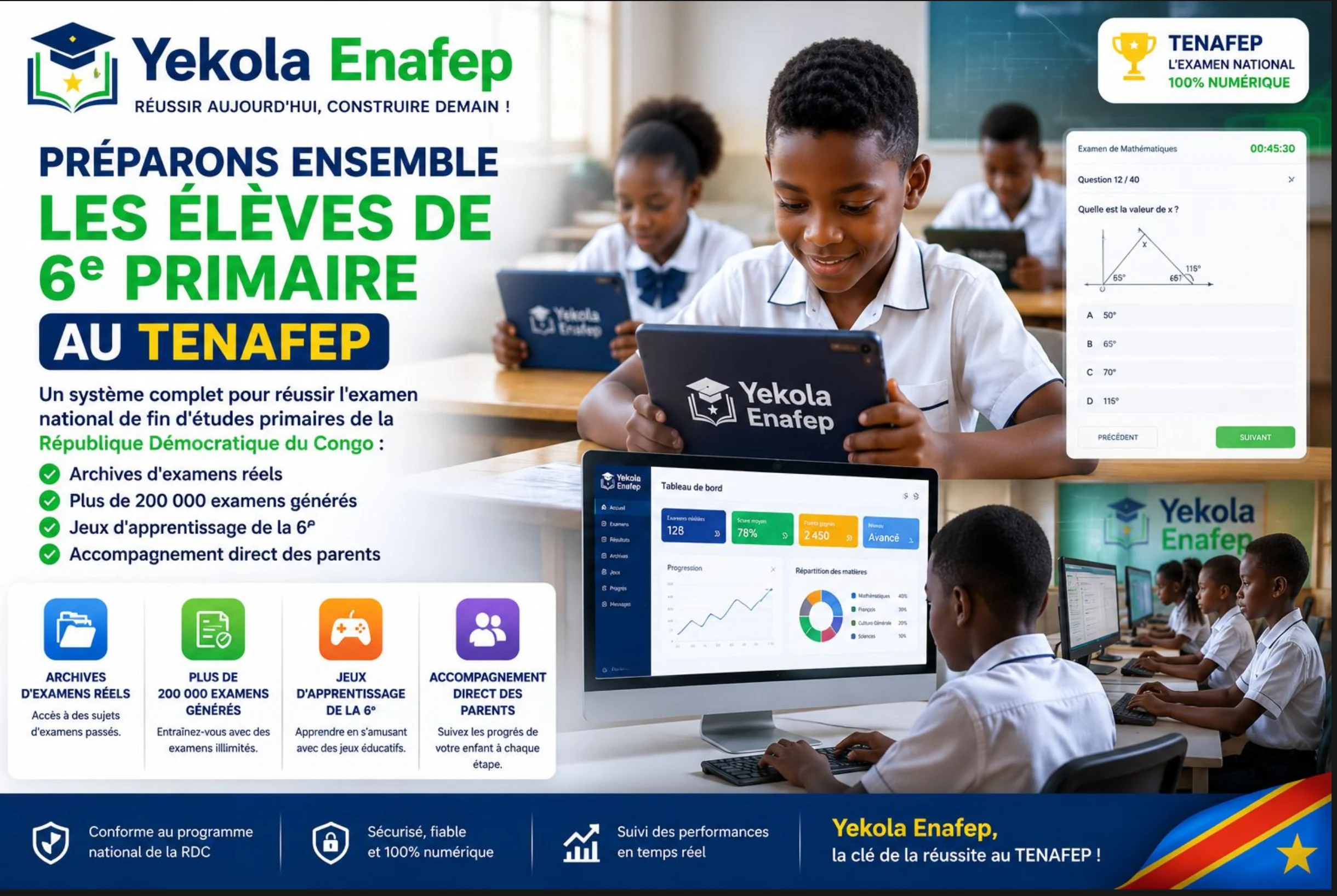 Yekola Enafep — Préparons ensemble les élèves de 6e primaire au TENAFEP : archives d'examens réels, plus de 200 000 examens générés, jeux d'apprentissage de la 6e et accompagnement direct des parents